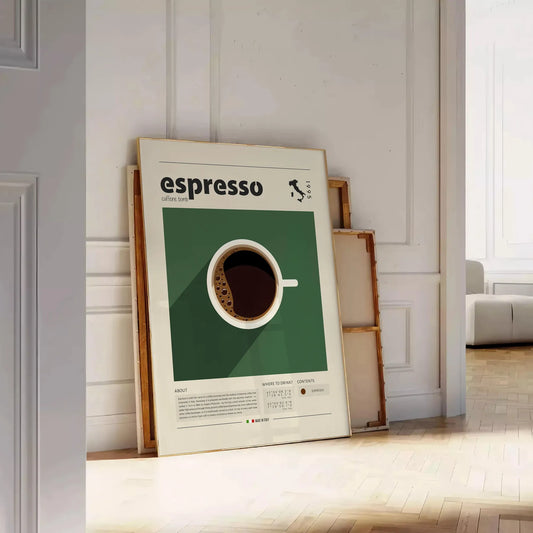 kitchen décor Italian espresso poster vibrant green orange hues stunning wall art print essence Italy perfect gift coffee lovers captivating artwork today
