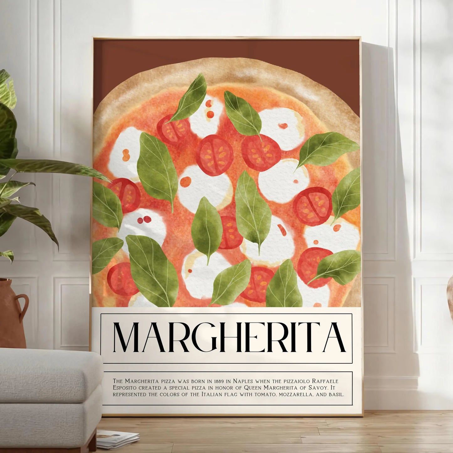 kitchen decor charming Margherita Pizza poster earthy brown vibrant green hues eye wall art perfect gift food lovers space unique artwork unframed editions