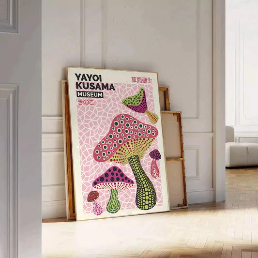 captivating world mushrooms Yayoi Kusama poster vibrant greens oranges unique wall art perfect gift lovers space stunning print framed option unframed version style