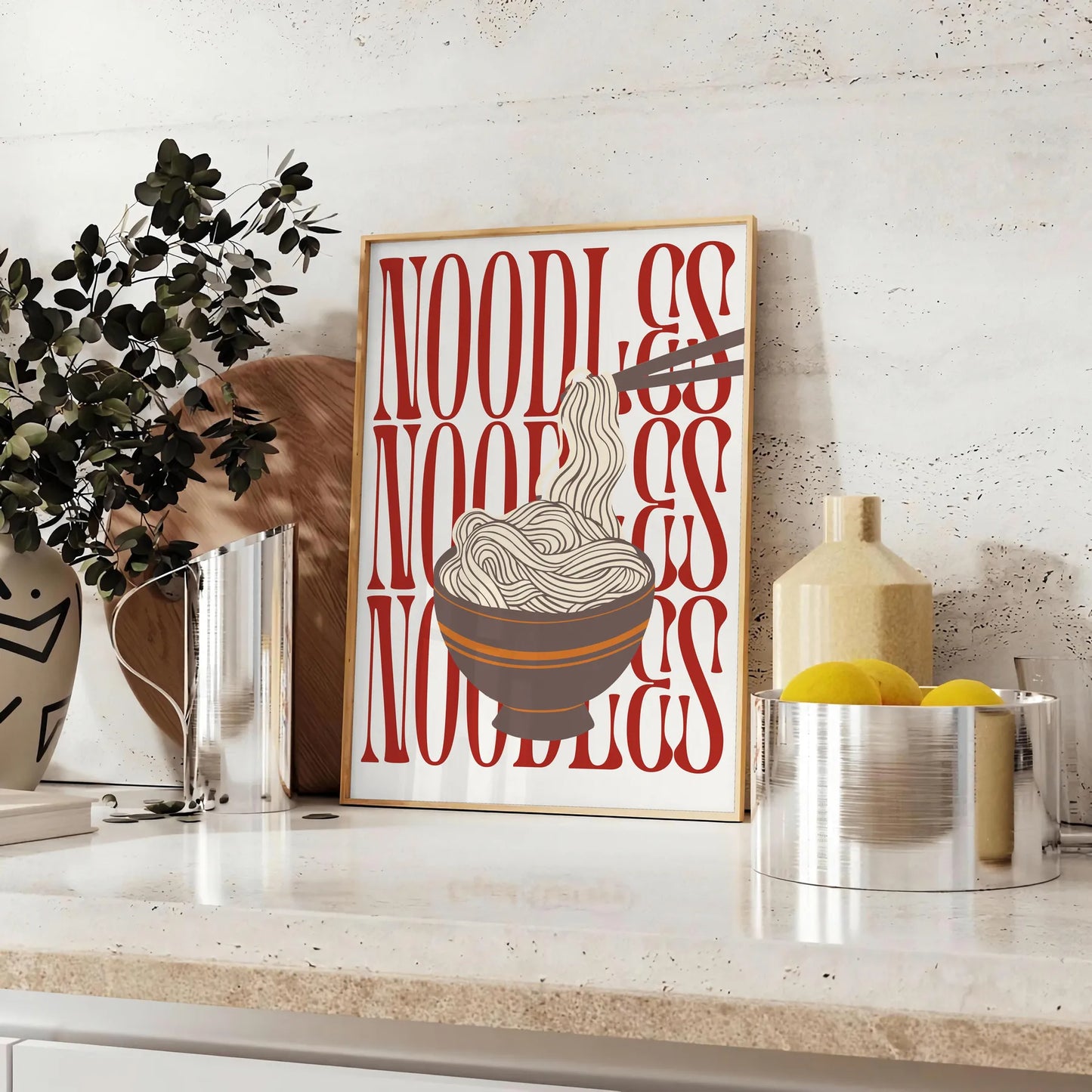 kitchen stylish Noodles poster elegant gray white tones wall art thoughtful gift striking artwork modern flair space unframed option captivating print décor