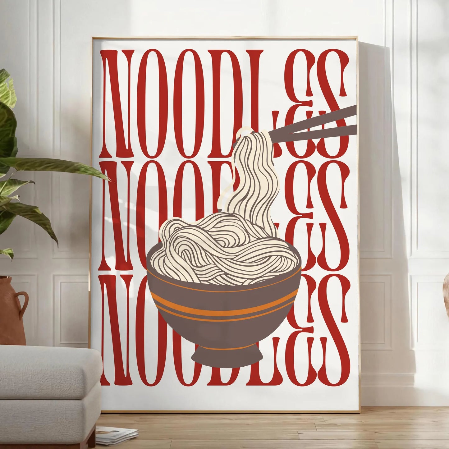 kitchen stylish Noodles poster elegant gray white tones wall art thoughtful gift striking artwork modern flair space unframed option captivating print décor