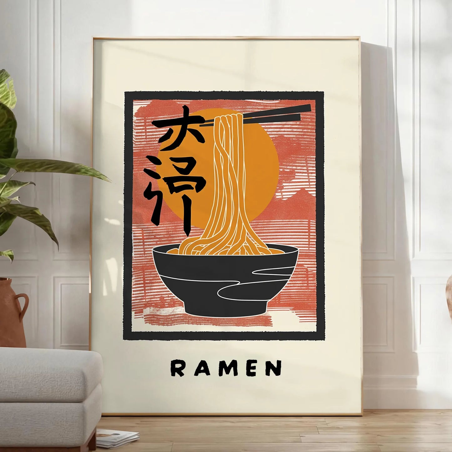 space ramen kitchen poster bold black vibrant orange wall art eye print touch culinary flair room gift food lovers décor