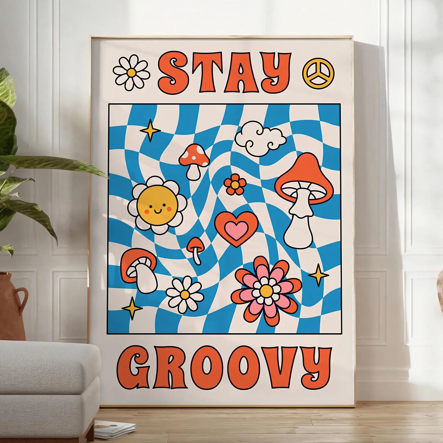 positive vibes Stay Groovy poster vibrant blue orange hues eye wall art unique gift artwork retro chic touch space framed frameless version style