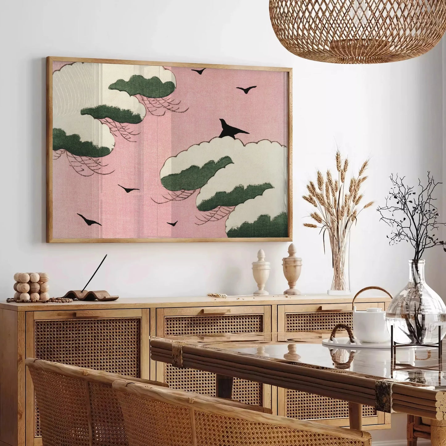 space vintage bird Japanese poster elegant shades brown green captivating wall art perfect unique gift collection unframed options more print timeless artwork