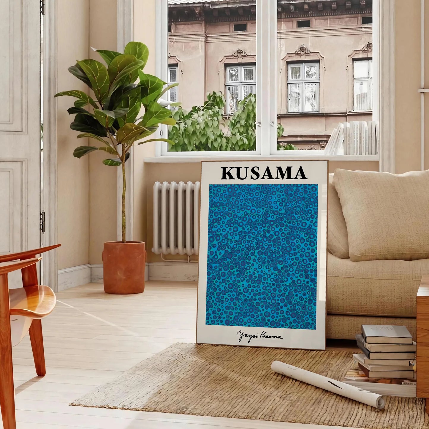 captivating Yayoi Kusama poster mesmerizing blue black hues statement wall art piece thoughtful gift exclusive print modern elegance space unframed formats