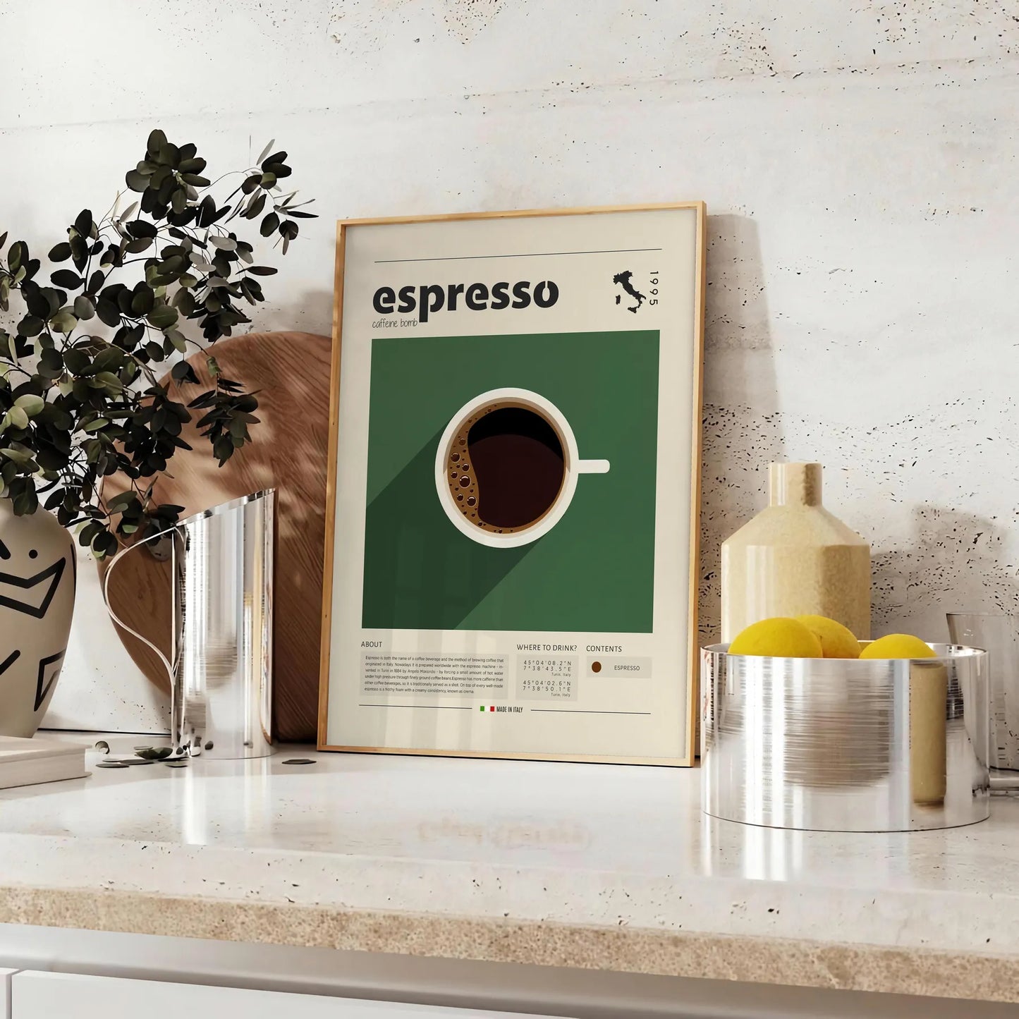kitchen décor Italian espresso poster vibrant green orange hues stunning wall art print essence Italy perfect gift coffee lovers captivating artwork today
