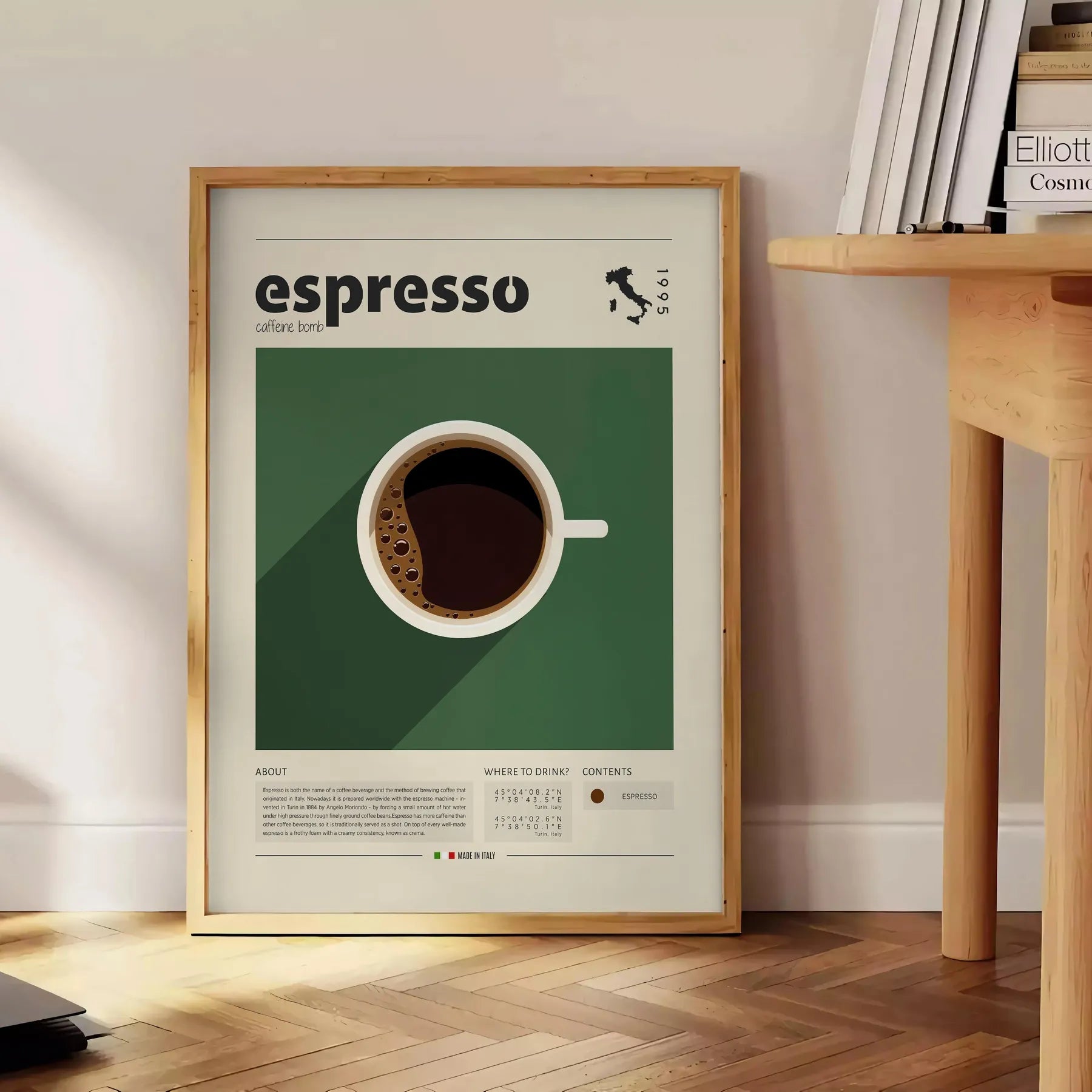 kitchen décor Italian espresso poster vibrant green orange hues stunning wall art print essence Italy perfect gift coffee lovers captivating artwork today