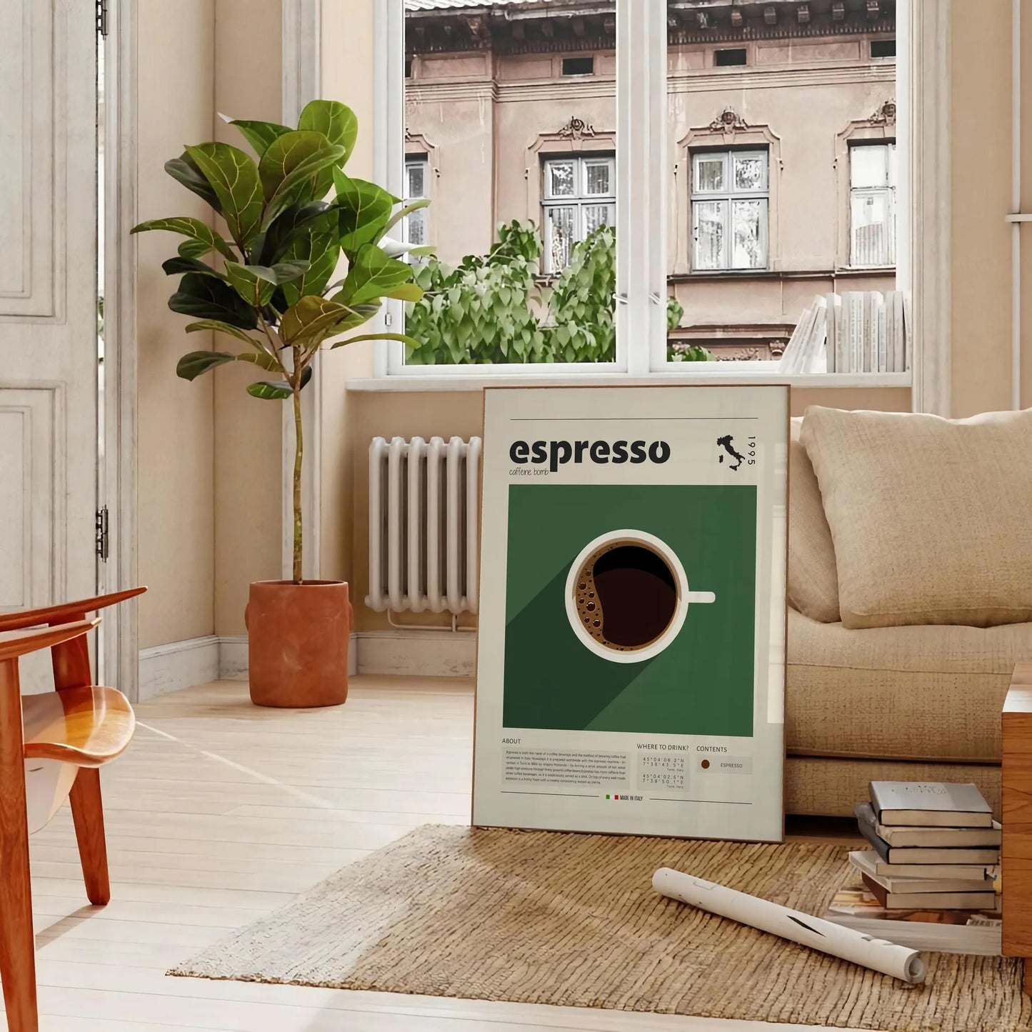 kitchen décor Italian espresso poster vibrant green orange hues stunning wall art print essence Italy perfect gift coffee lovers captivating artwork today