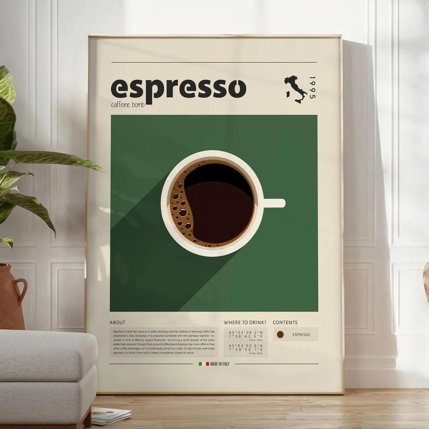 kitchen décor Italian espresso poster vibrant green orange hues stunning wall art print essence Italy perfect gift coffee lovers captivating artwork today