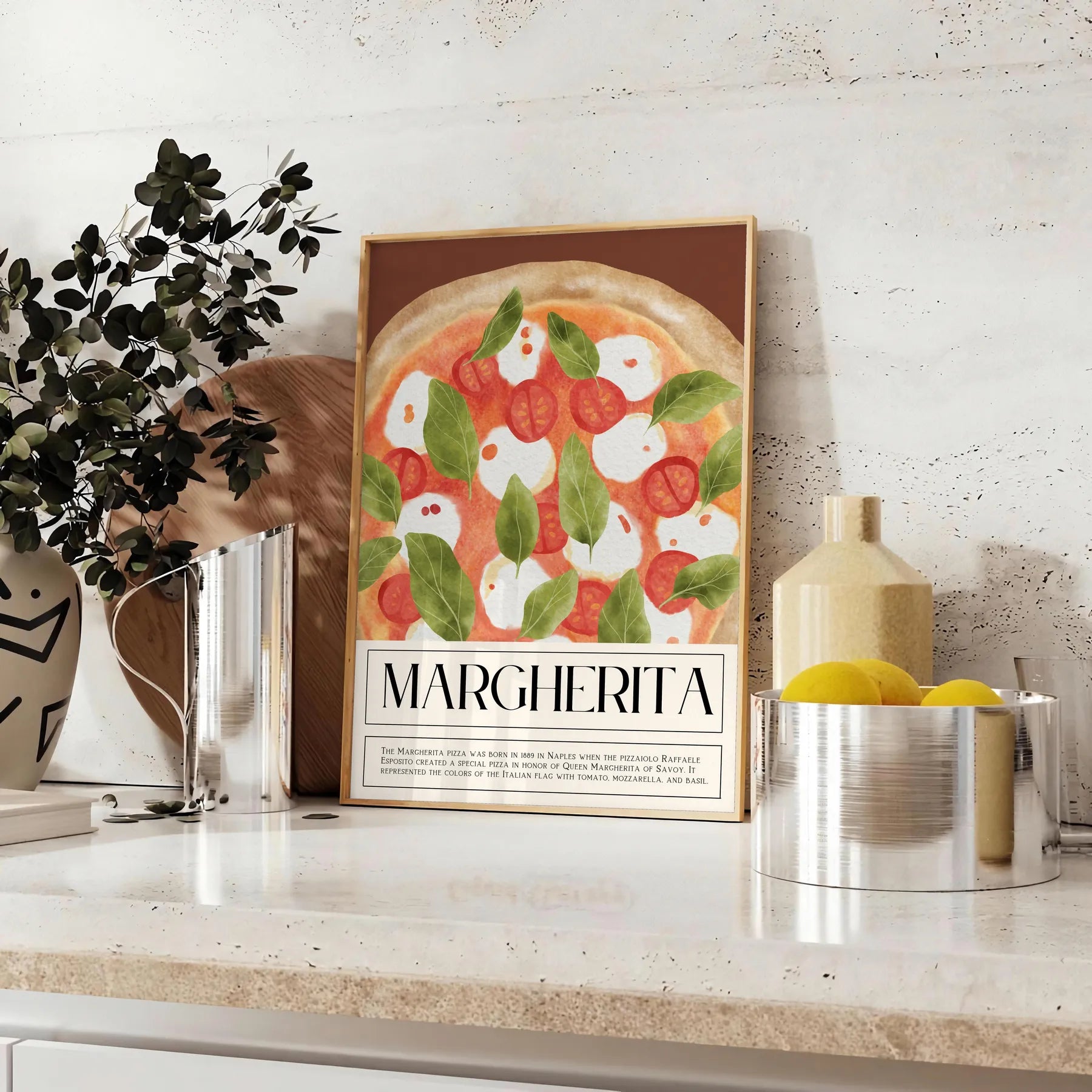 kitchen decor charming Margherita Pizza poster earthy brown vibrant green hues eye wall art perfect gift food lovers space unique artwork unframed editions