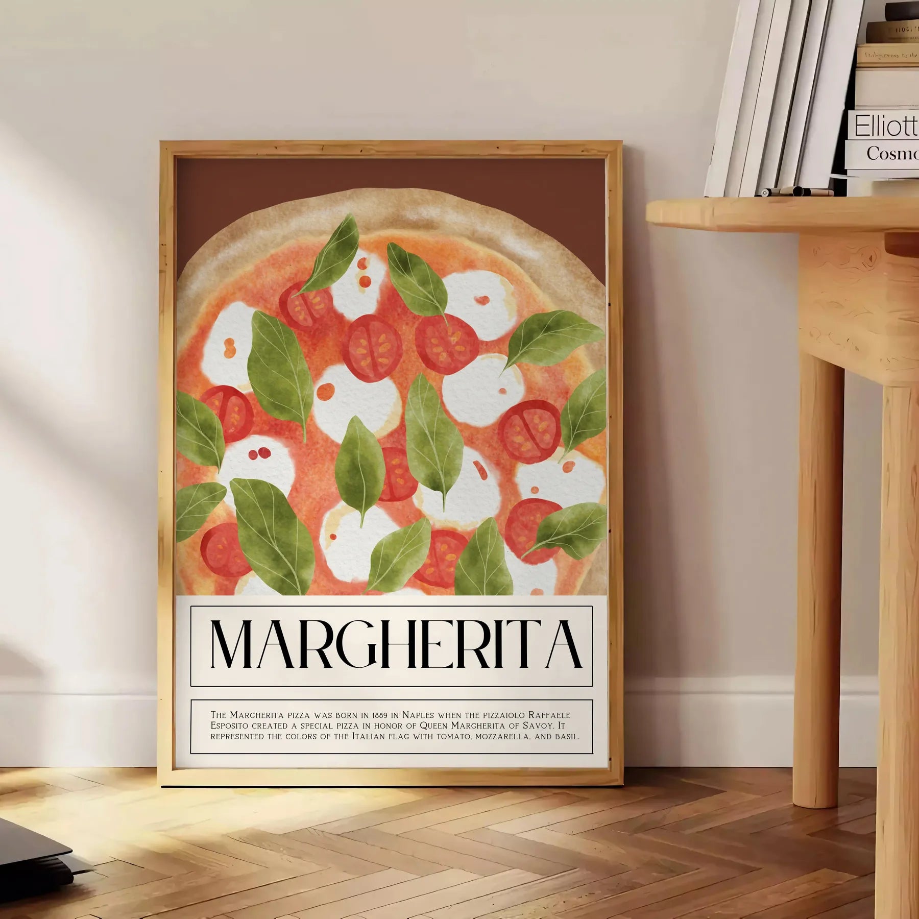kitchen decor charming Margherita Pizza poster earthy brown vibrant green hues eye wall art perfect gift food lovers space unique artwork unframed editions