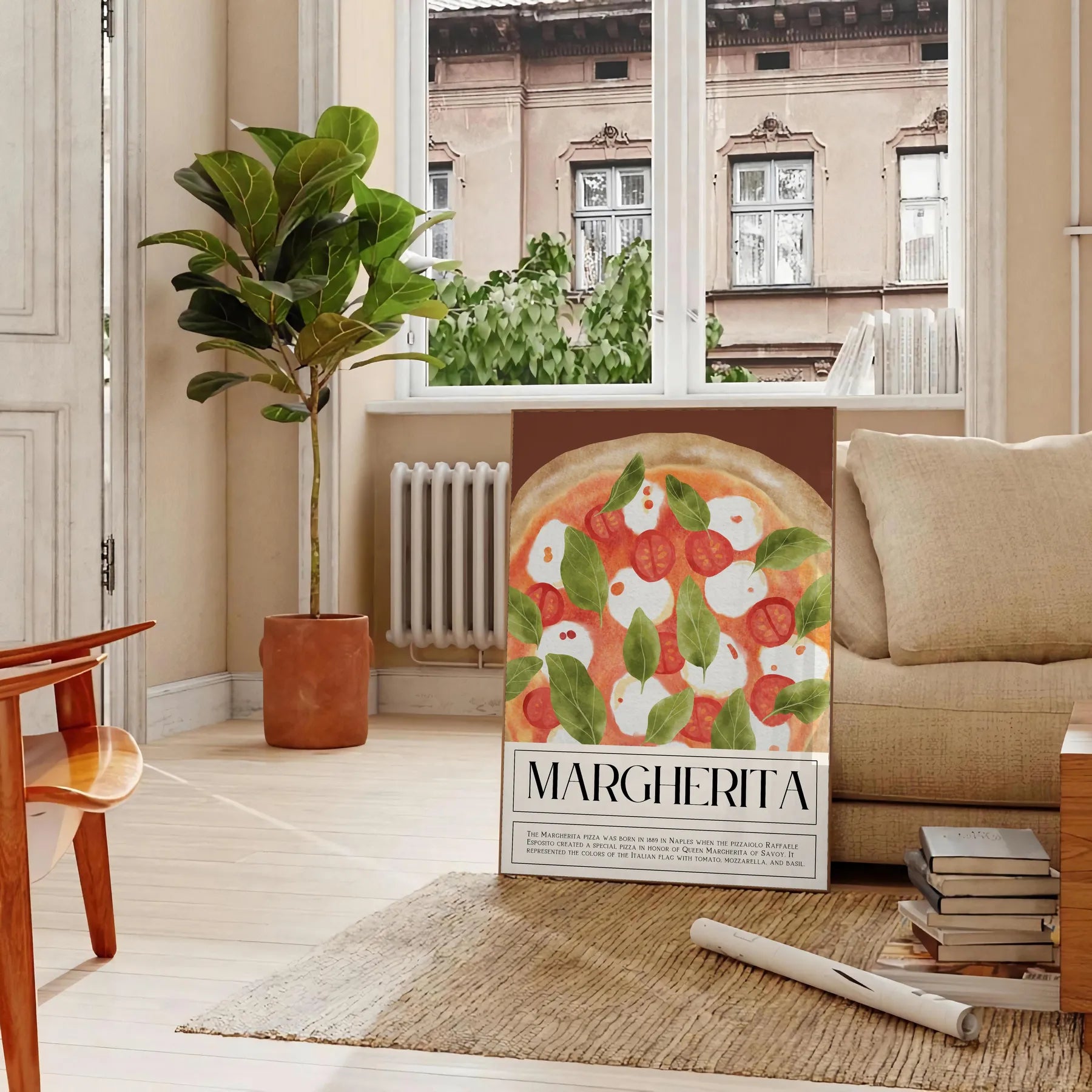 kitchen decor charming Margherita Pizza poster earthy brown vibrant green hues eye wall art perfect gift food lovers space unique artwork unframed editions