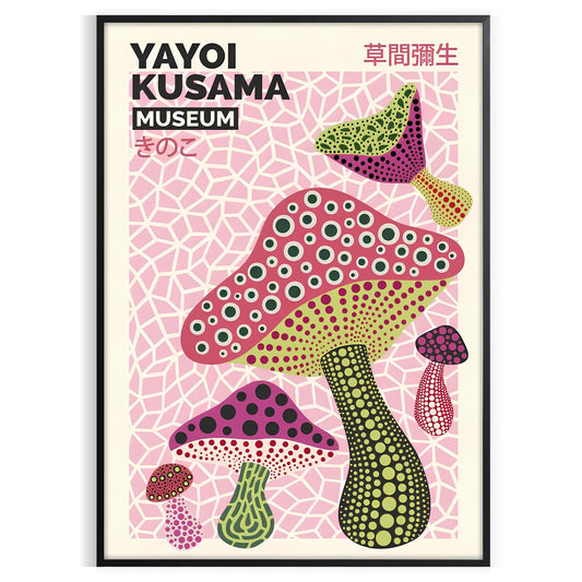 captivating world mushrooms Yayoi Kusama poster vibrant greens oranges unique wall art perfect gift lovers space stunning print framed option unframed version style