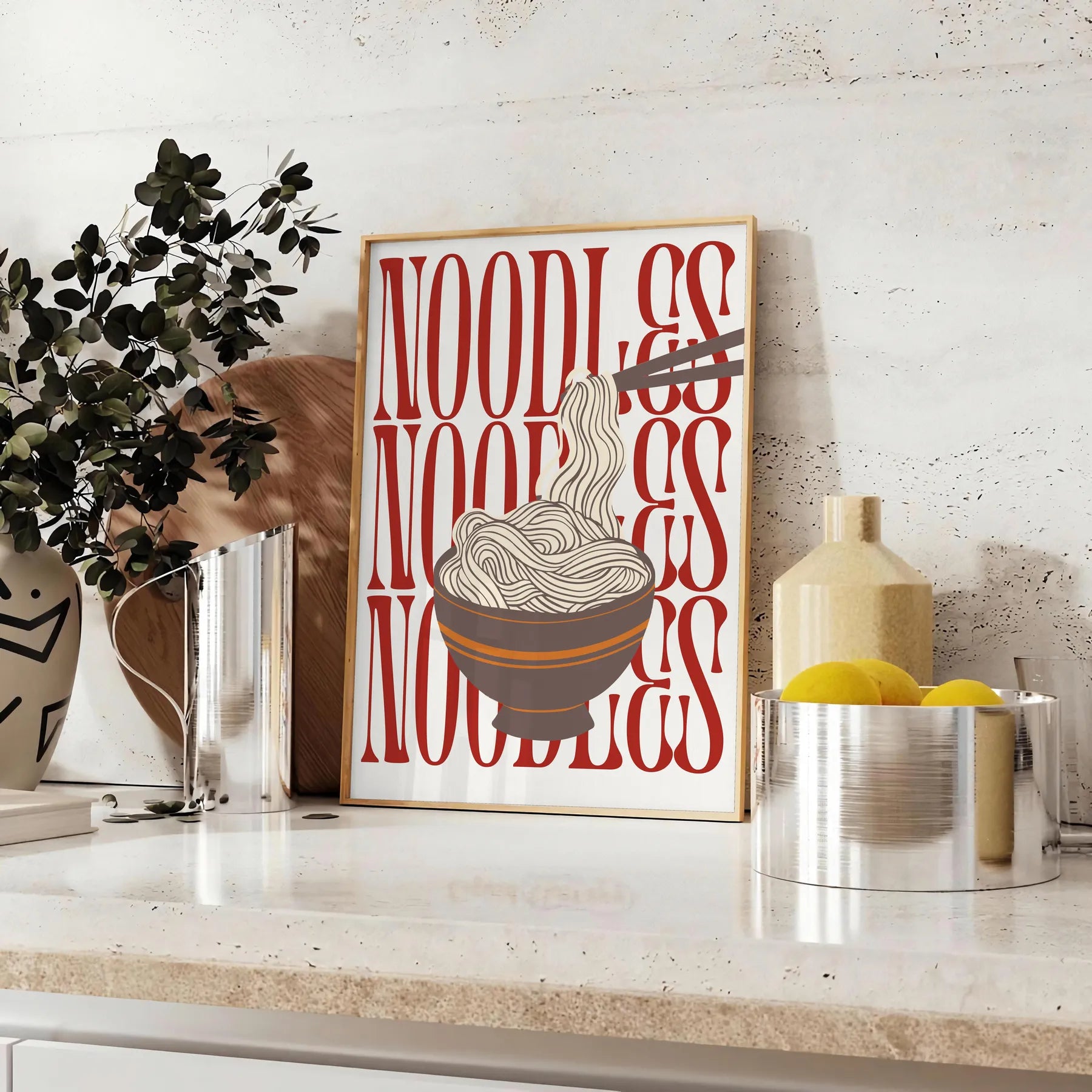 kitchen stylish Noodles poster elegant gray white tones wall art thoughtful gift striking artwork modern flair space unframed option captivating print décor