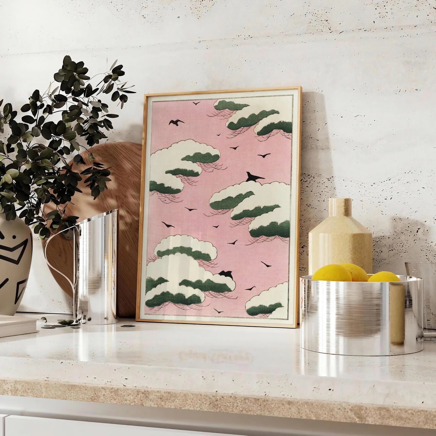 enchanting Pink Sky poster famed Japanese artist Watanabe Seitei captivating blend brown green hues stunning wall art perfect gift space exquisite artwork frames standalone prints