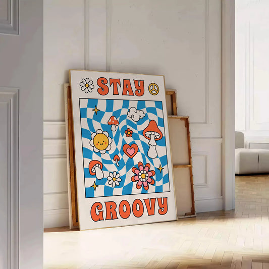 positive vibes Stay Groovy poster vibrant blue orange hues eye wall art unique gift artwork retro chic touch space framed frameless version style