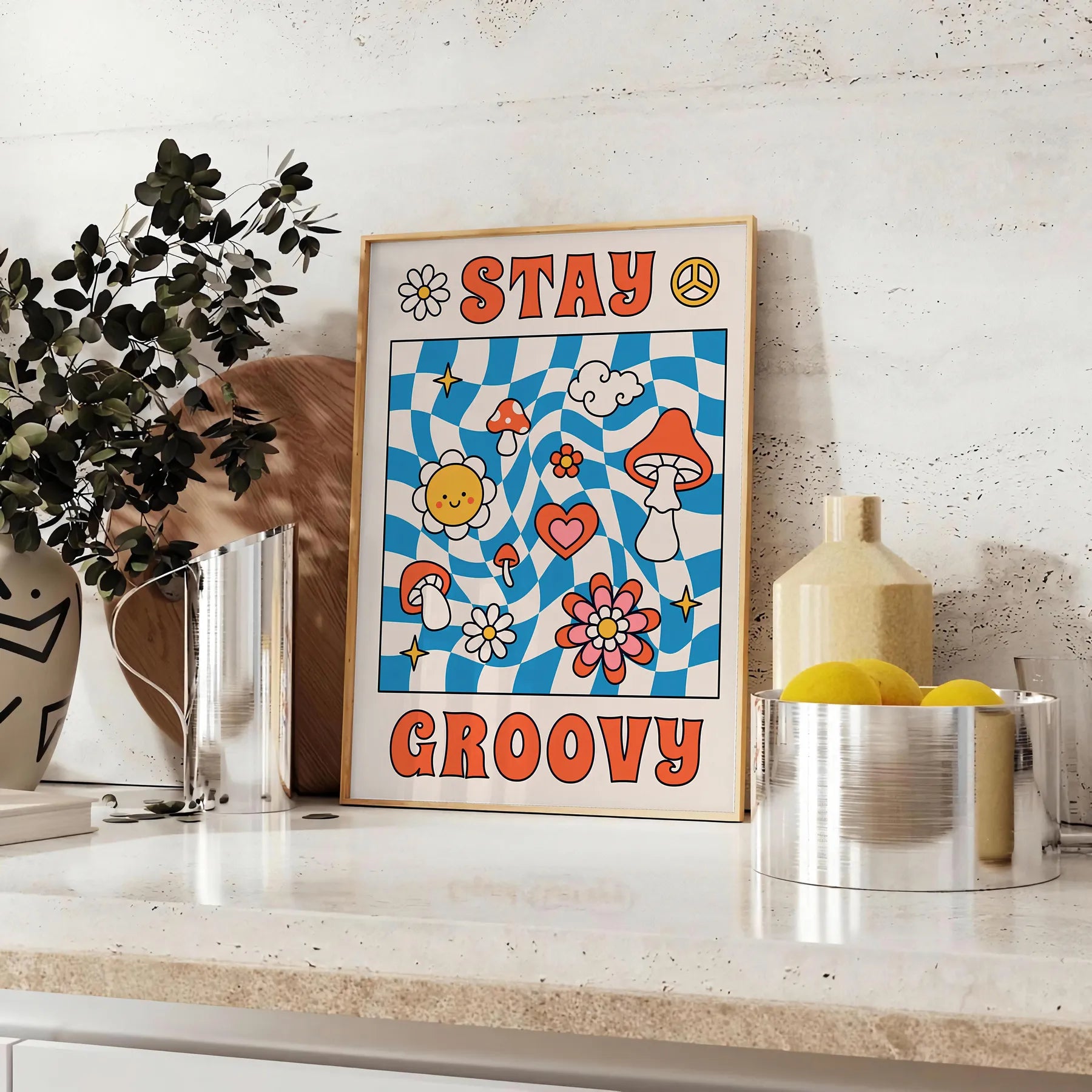 positive vibes Stay Groovy poster vibrant blue orange hues eye wall art unique gift artwork retro chic touch space framed frameless version style