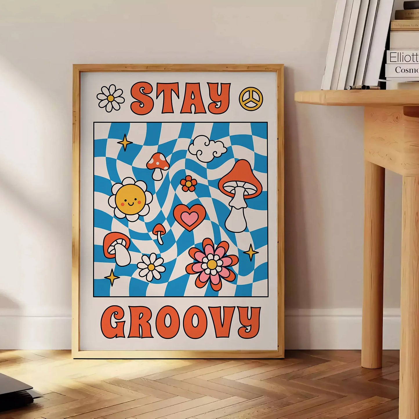 positive vibes Stay Groovy poster vibrant blue orange hues eye wall art unique gift artwork retro chic touch space framed frameless version style