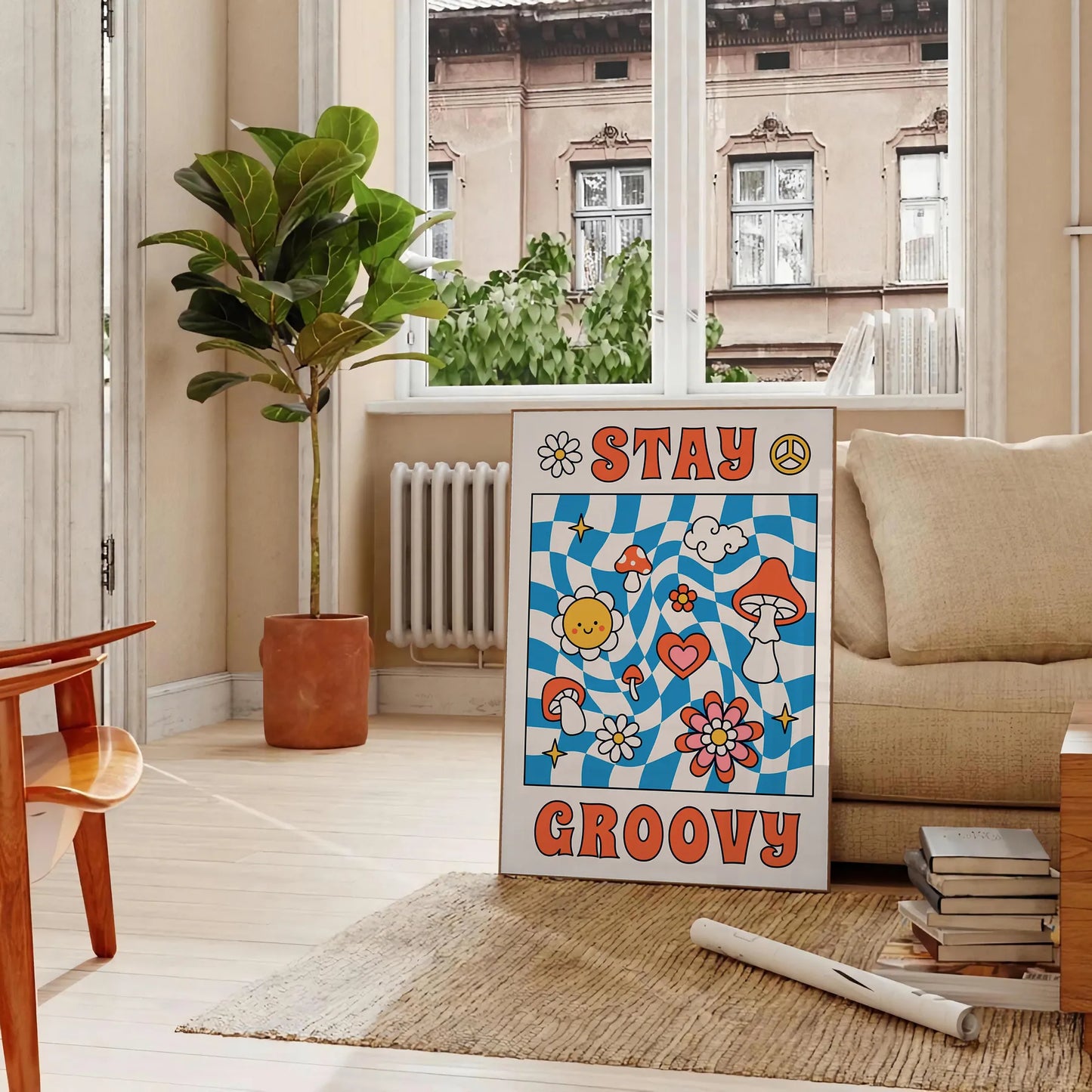 positive vibes Stay Groovy poster vibrant blue orange hues eye wall art unique gift artwork retro chic touch space framed frameless version style