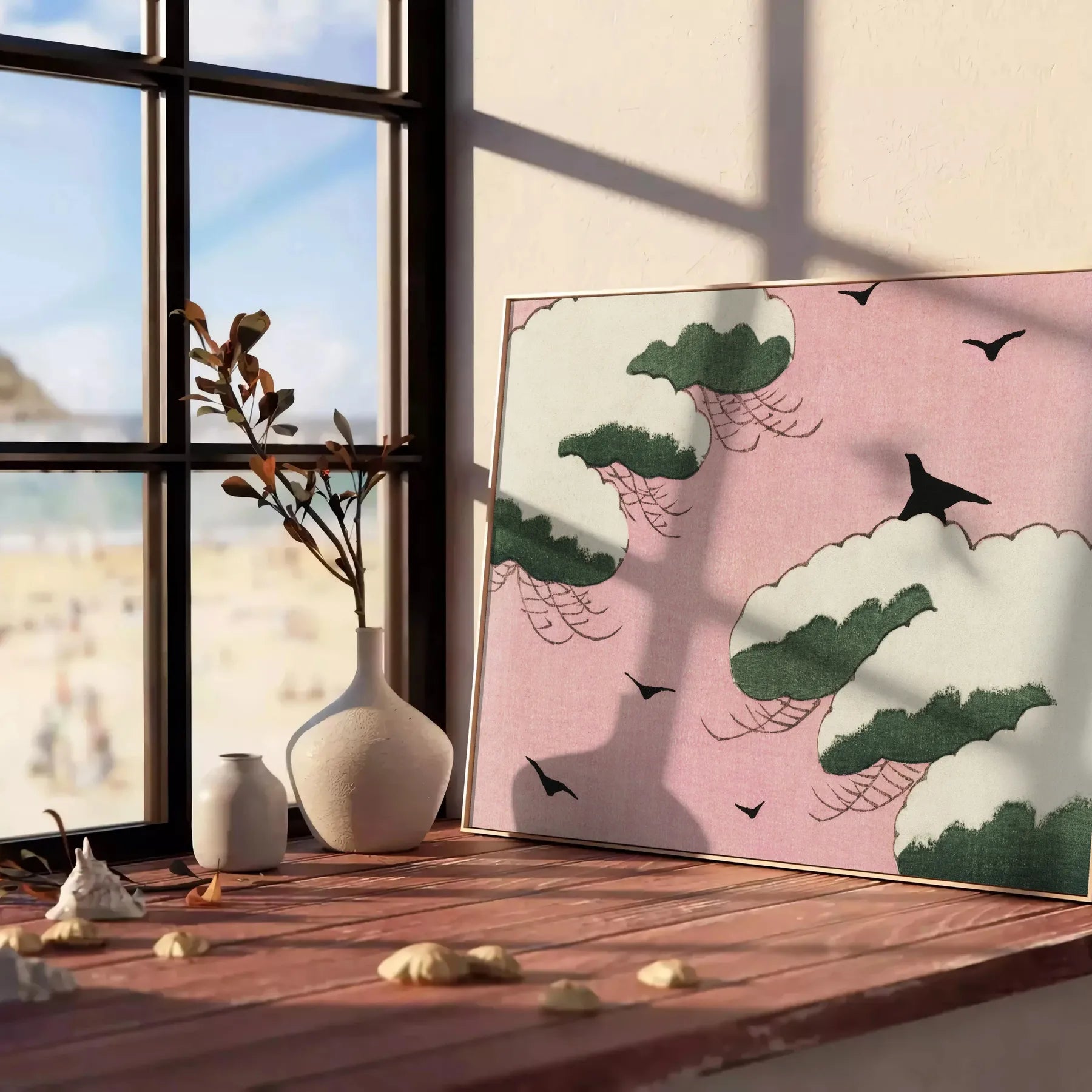 space vintage bird Japanese poster elegant shades brown green captivating wall art perfect unique gift collection unframed options more print timeless artwork