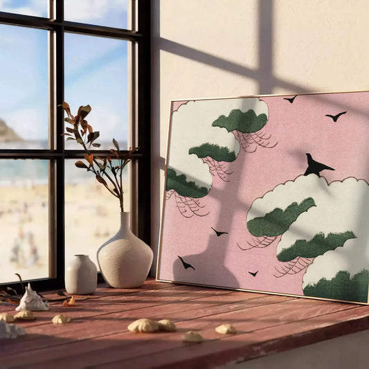 space vintage bird Japanese poster elegant shades brown green captivating wall art perfect unique gift collection unframed options more print timeless artwork