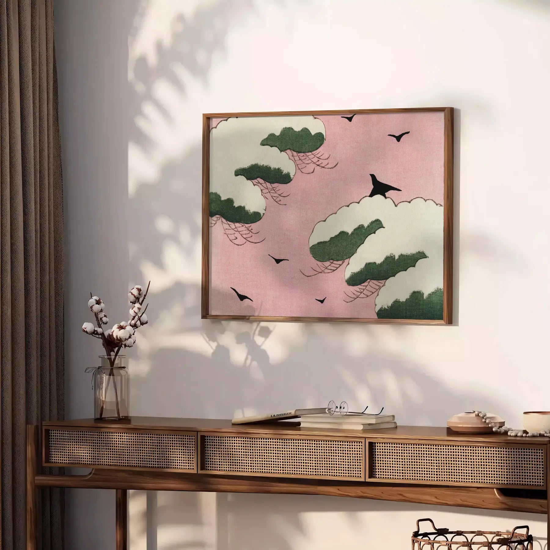 space vintage bird Japanese poster elegant shades brown green captivating wall art perfect unique gift collection unframed options more print timeless artwork