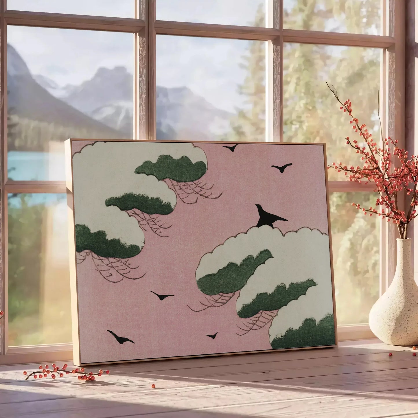 space vintage bird Japanese poster elegant shades brown green captivating wall art perfect unique gift collection unframed options more print timeless artwork