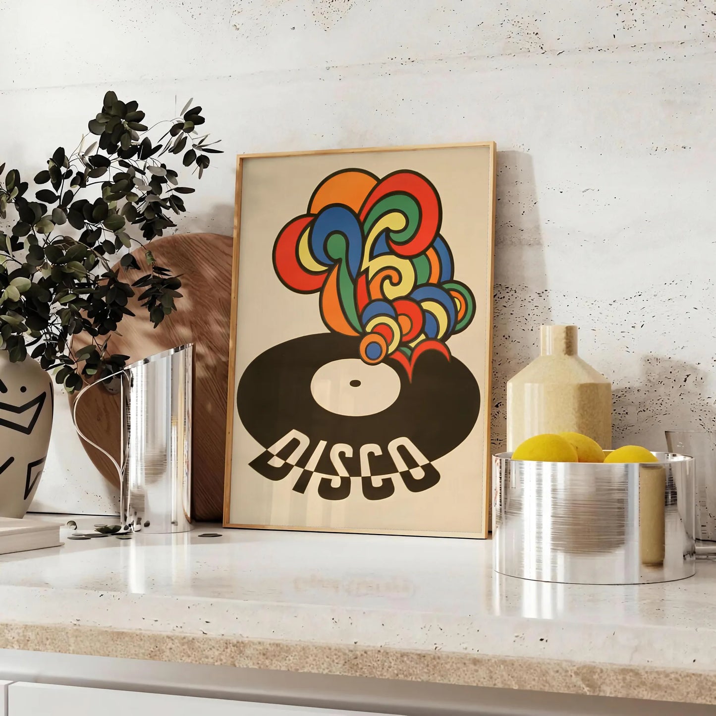 world retro charm Vinyl Other Delights poster groovy artwork bursts vibrant greens oranges perfect wall art collection unique gift print music lovers standalone masterpiece