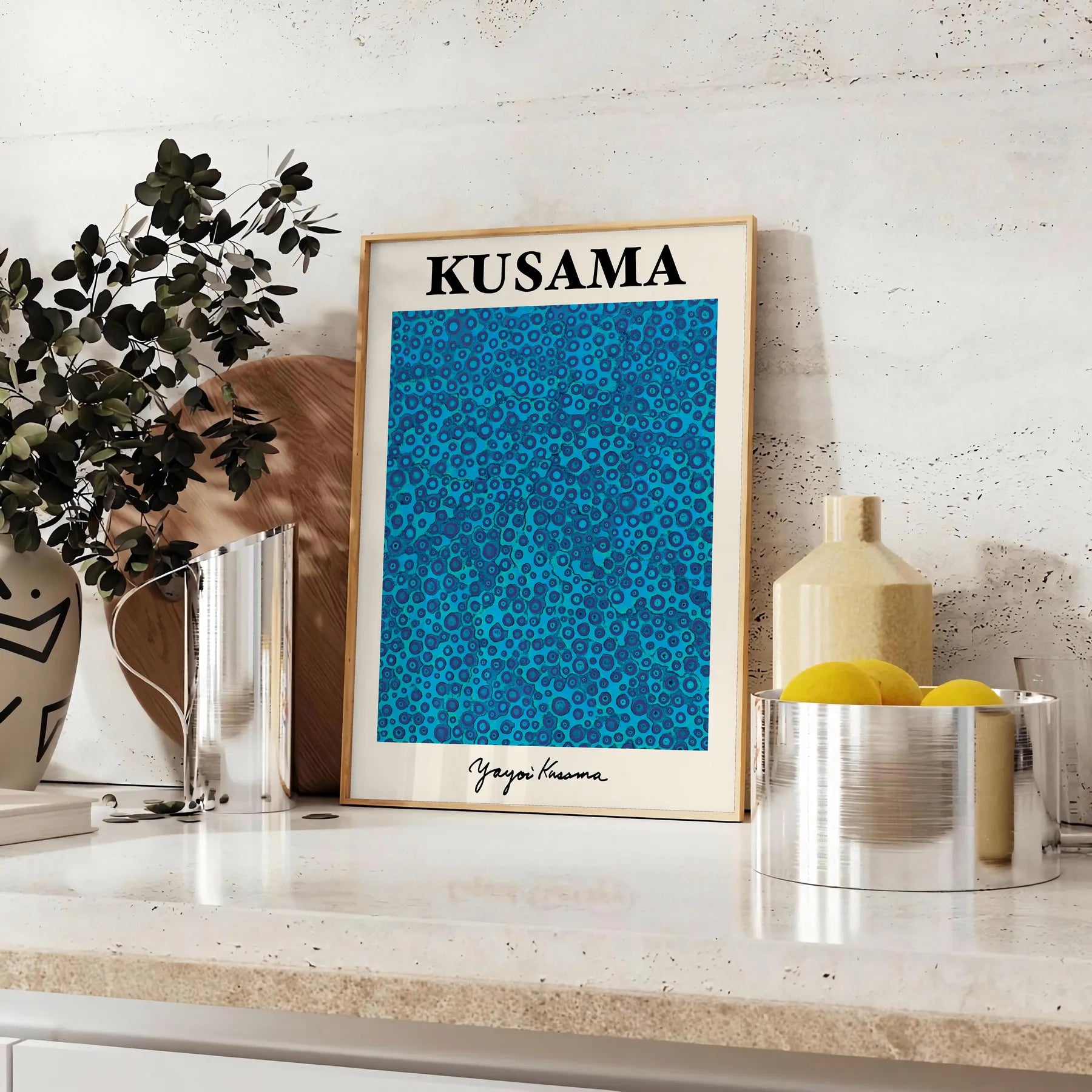 captivating Yayoi Kusama poster mesmerizing blue black hues statement wall art piece thoughtful gift exclusive print modern elegance space unframed formats