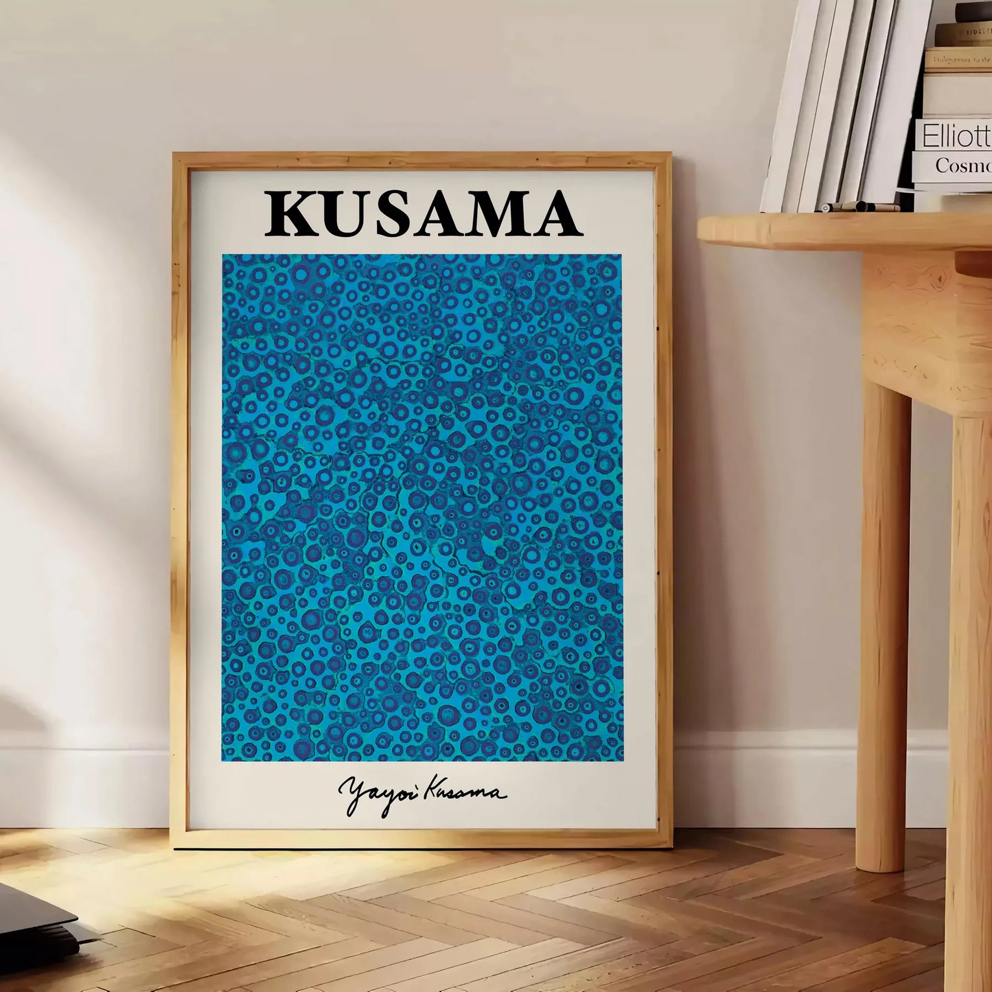 captivating Yayoi Kusama poster mesmerizing blue black hues statement wall art piece thoughtful gift exclusive print modern elegance space unframed formats