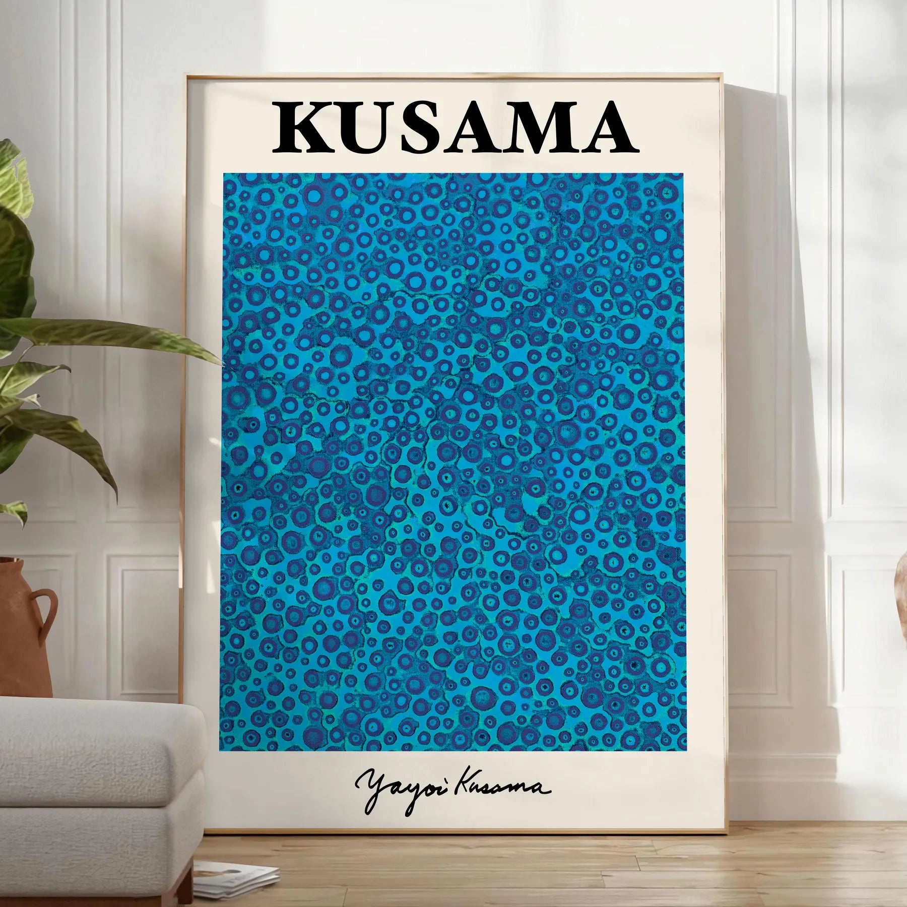 captivating Yayoi Kusama poster mesmerizing blue black hues statement wall art piece thoughtful gift exclusive print modern elegance space unframed formats